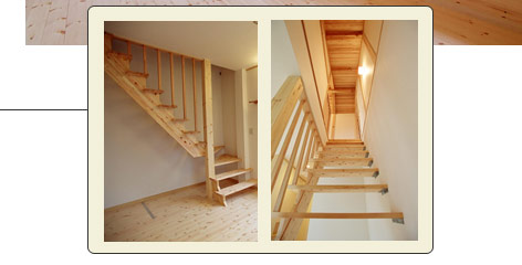 ロフトへ上がる階段です。階段をオープン箱型にすることで、開放感が得られ、お部屋のアクセントにもなっています。